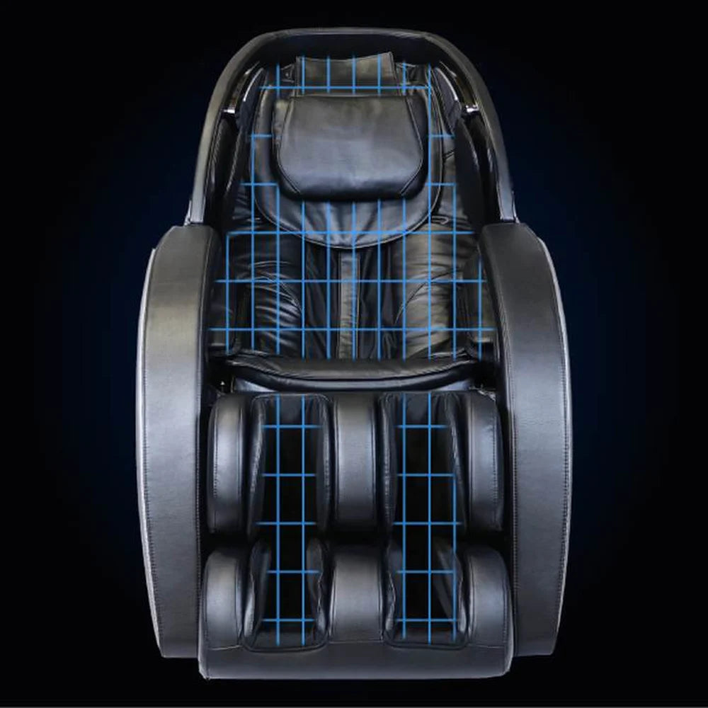 Blue measuring grid mapped over the backrest and leg rests of the Infinity Gen Max 4D Massage Chair during body scanning
