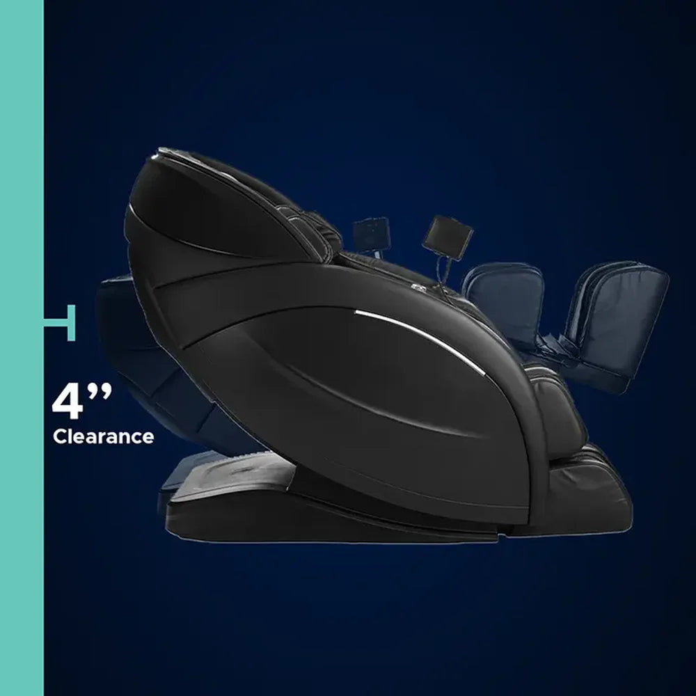 Four inch wall clearance measurement shown beside the reclined Infinity Aura Elite space-saving design