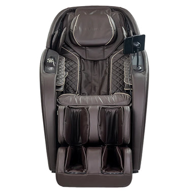Straight-on front view of the dark brown Infinity Aura Elite 4D Massage Chair with quilted arms and foot wells