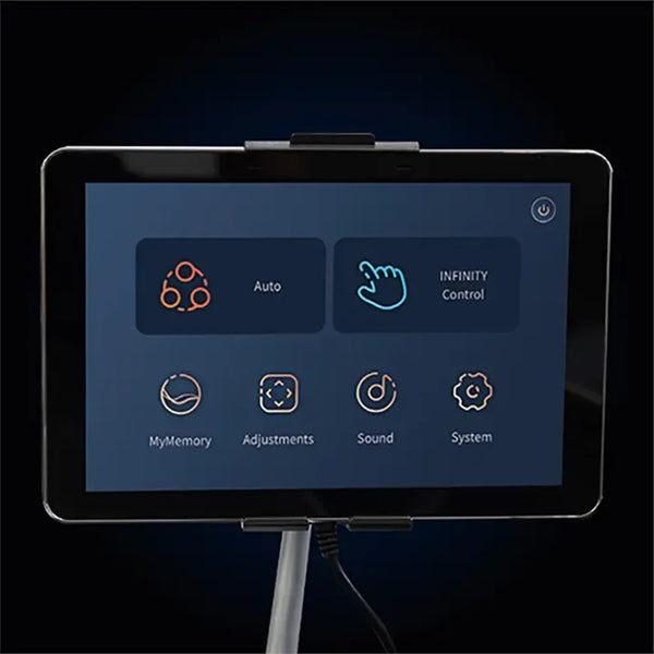 Lit tablet home menu with Auto, MyMemory and Sound icons on the Infinity Circadian DualFlex Chair