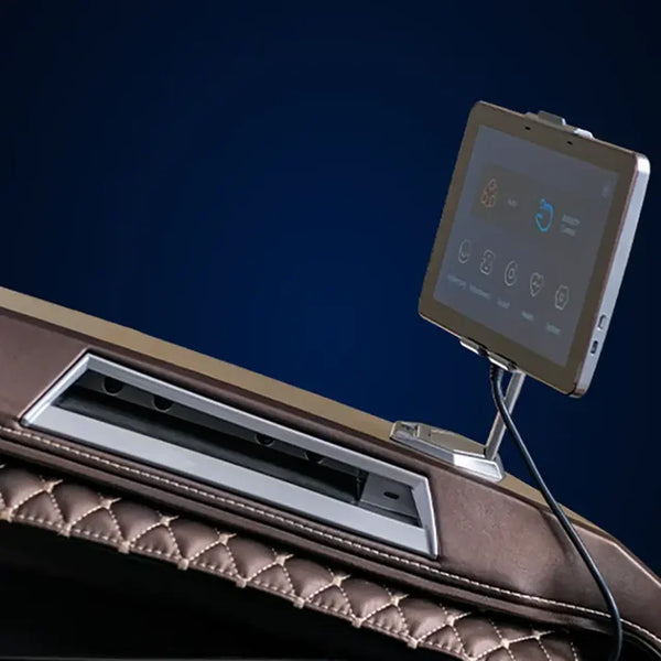 Recessed wireless charging pad and cable port beside the tablet on the Infinity Circadian DualFlex Massage Chair