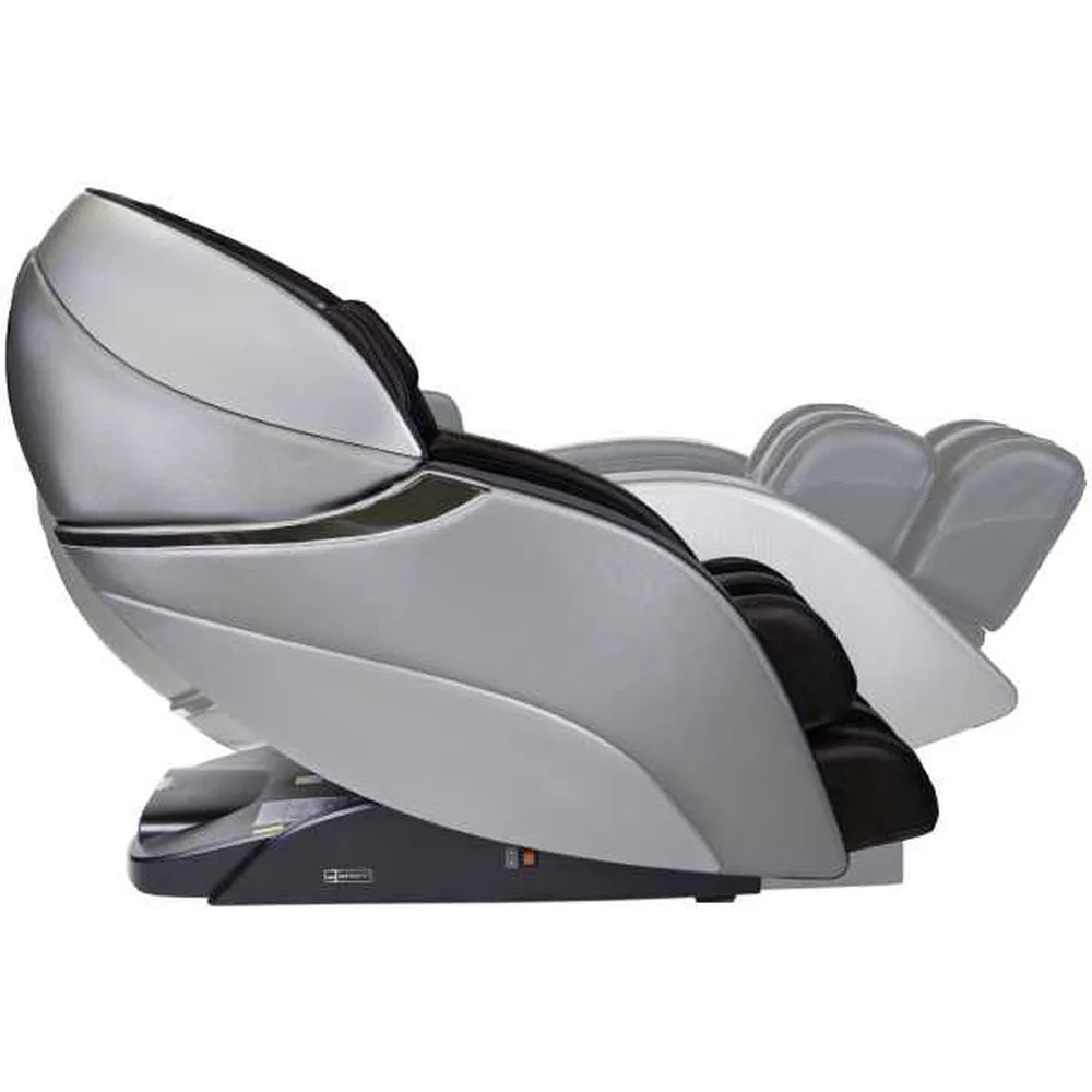 Side profile of the Infinity Gen Max 4D Massage Chair reclined flat in gray and black with the footrest extended