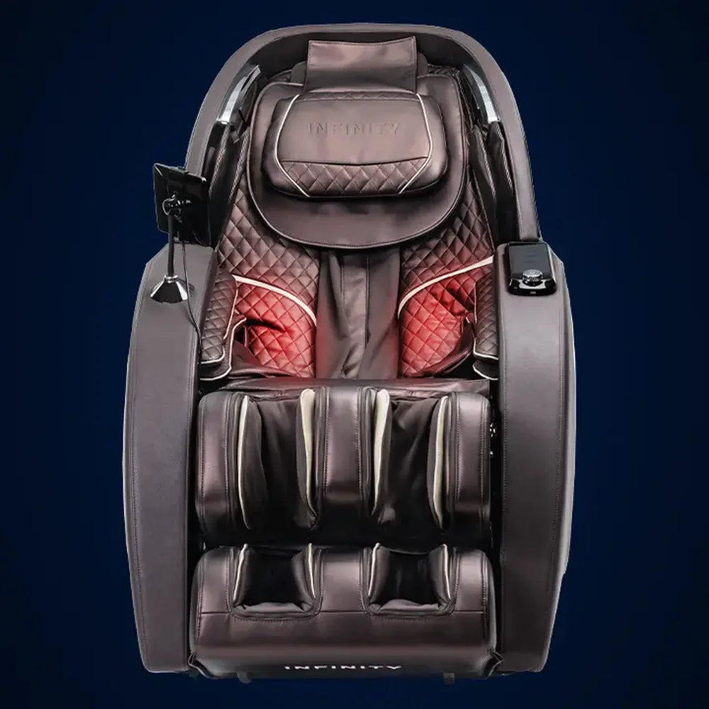 Red heated panels in the lower back of the Infinity Palisade 4D Max Massage Recliner warming the lumbar area