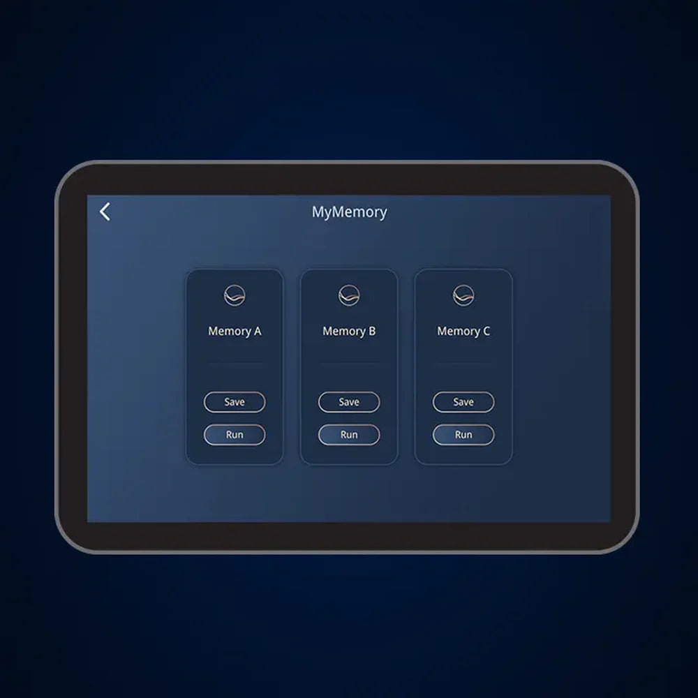 MyMemory screen on the Infinity Palisade 4D Max Massage Chair with three savable slots and Save and Run buttons