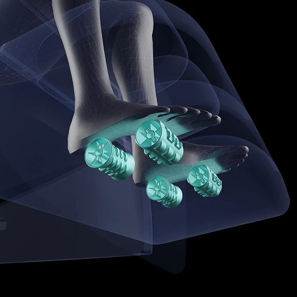Cutaway view of teal reflexology rollers pressing the soles of both feet in the Infinity Sensation 4D DualFlex footwell
