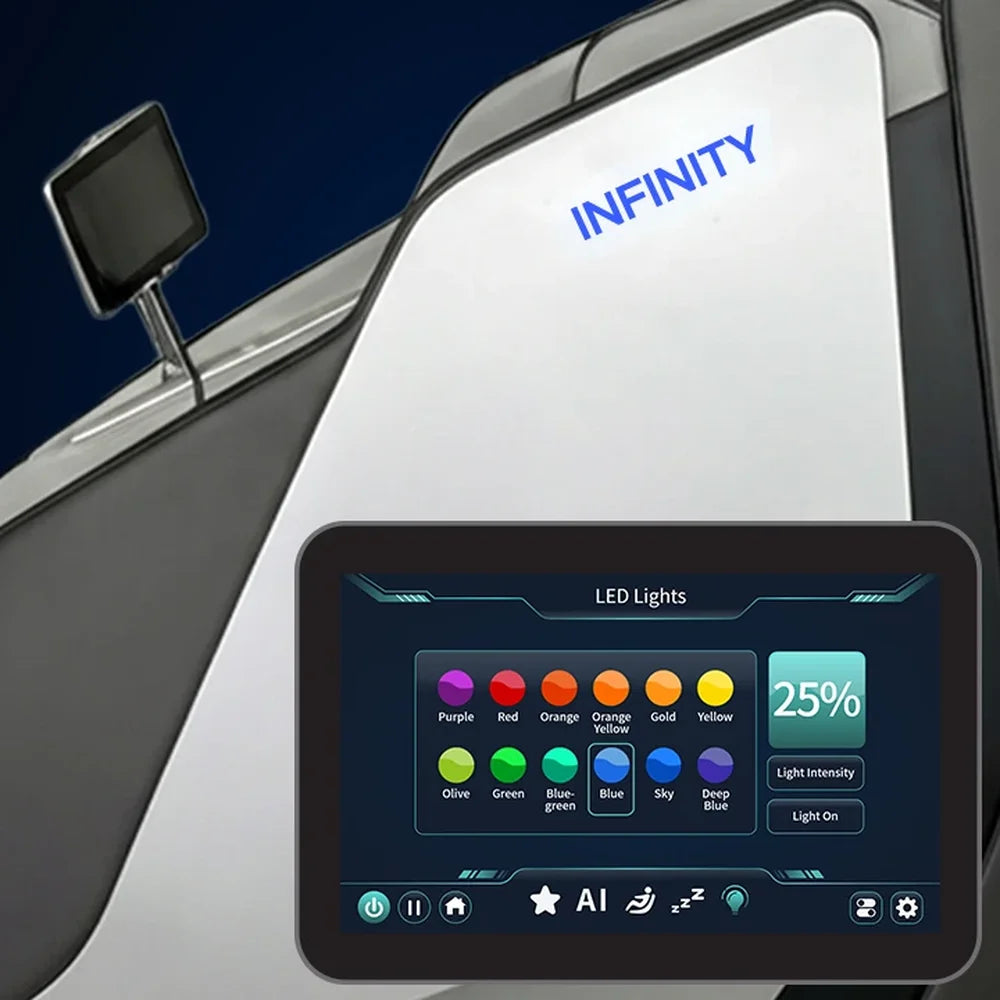 Blue illuminated arm panel and 12-color LED lighting menu on the Infinity Sensation 4D DualFlex Recliner tablet screen