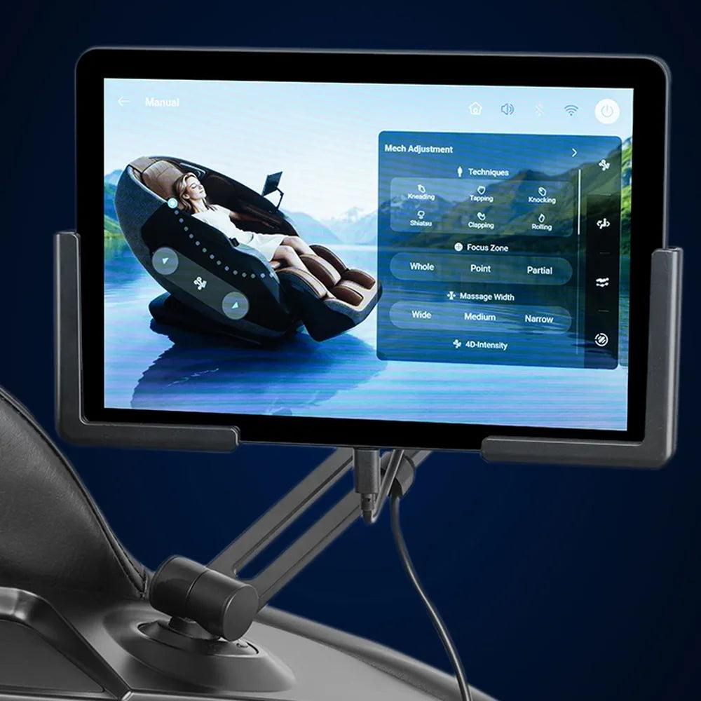 Mounted 10-inch tablet on the Infinity Serenza Flex 4D Chair displaying manual technique and 4D intensity controls