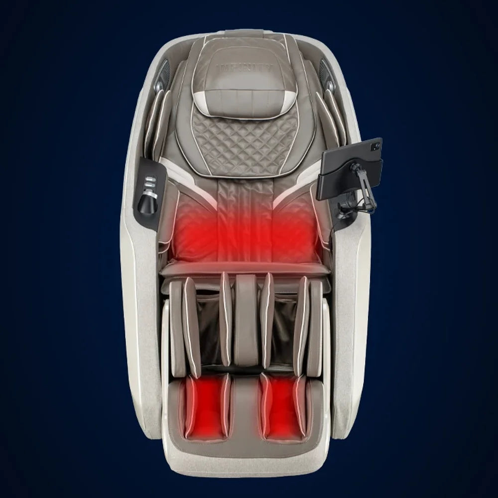 Red glowing lower back and footrest heating zones on the Infinity Serenza Flex 4D Massage Chair