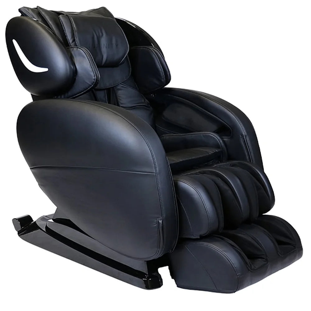 Black leather Infinity Smart Chair X3 Recliner at a front angle showing headrest, arm troughs and open leg rest