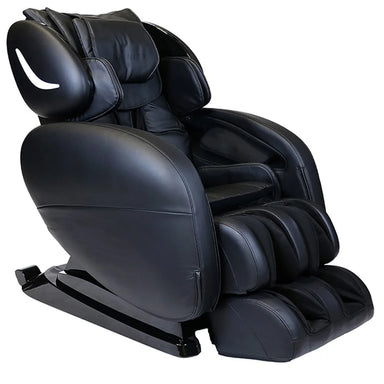 Black leather Infinity Smart Chair X3 Recliner at a front angle showing headrest, arm troughs and open leg rest