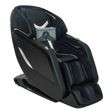 Three-quarter angled studio view of the black Infinity Sovana 4D DualPro Massage Chair with tablet on the arm