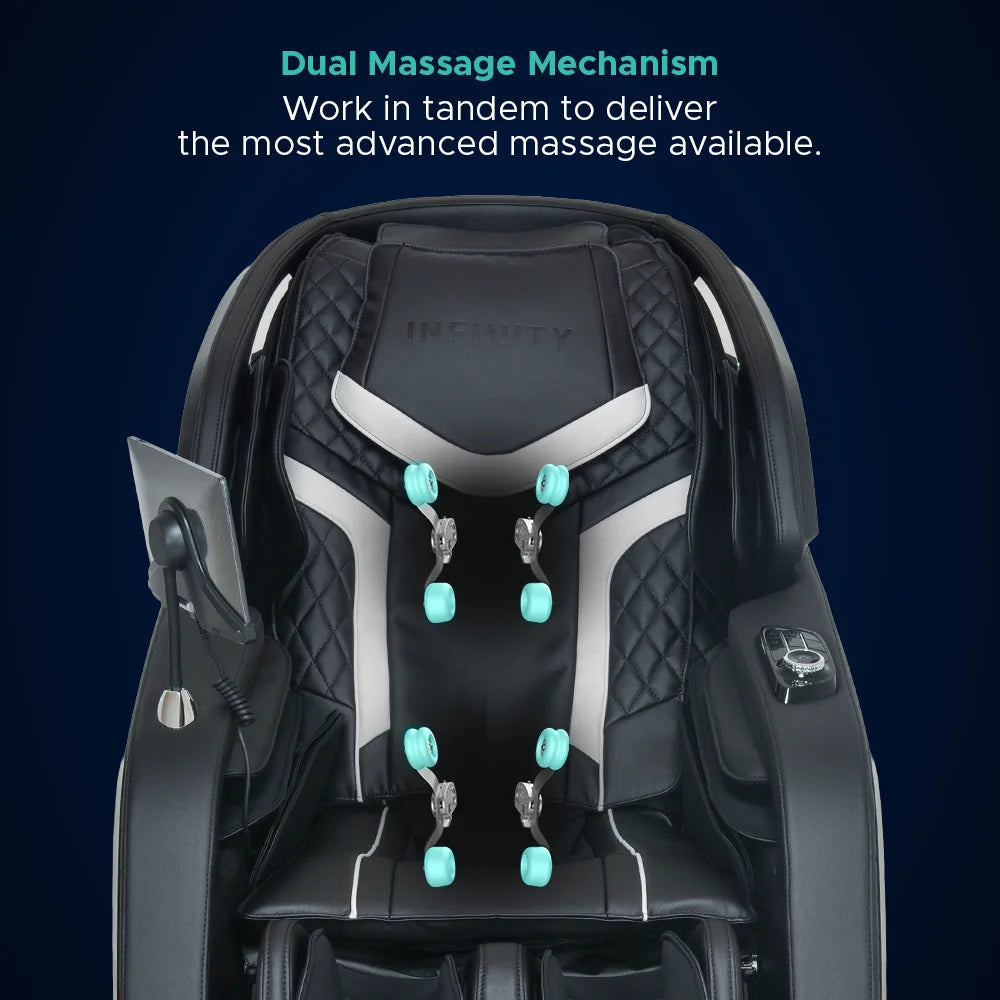 Two sets of teal rollers on the seat back illustrate the dual mechanism of the Infinity Sovana 4D DualPro