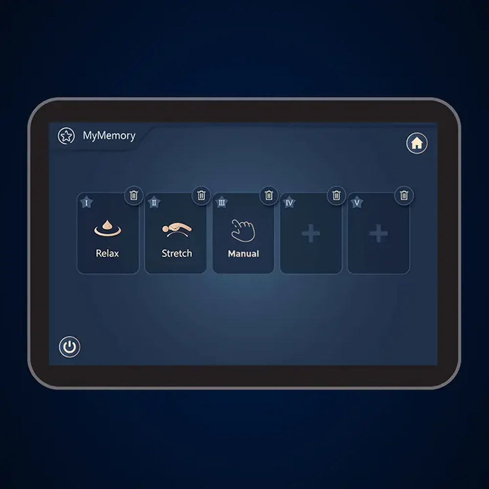 MyMemory screen with saved Relax, Stretch and Manual slots on the Infinity Sovana 4D DualPro tablet
