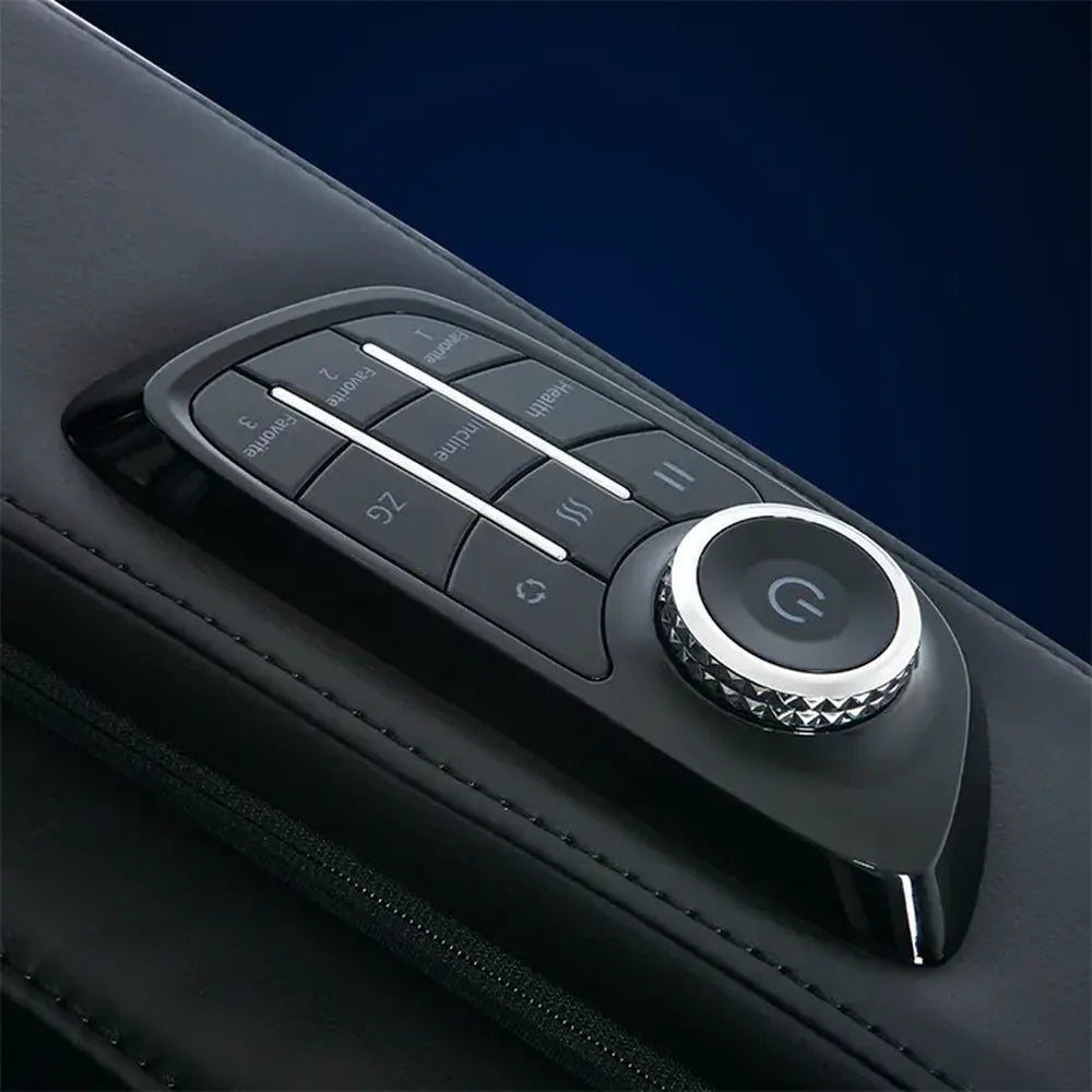 Backlit armrest buttons and chrome power dial on the Infinity Sovana 4D DualPro quick access panel