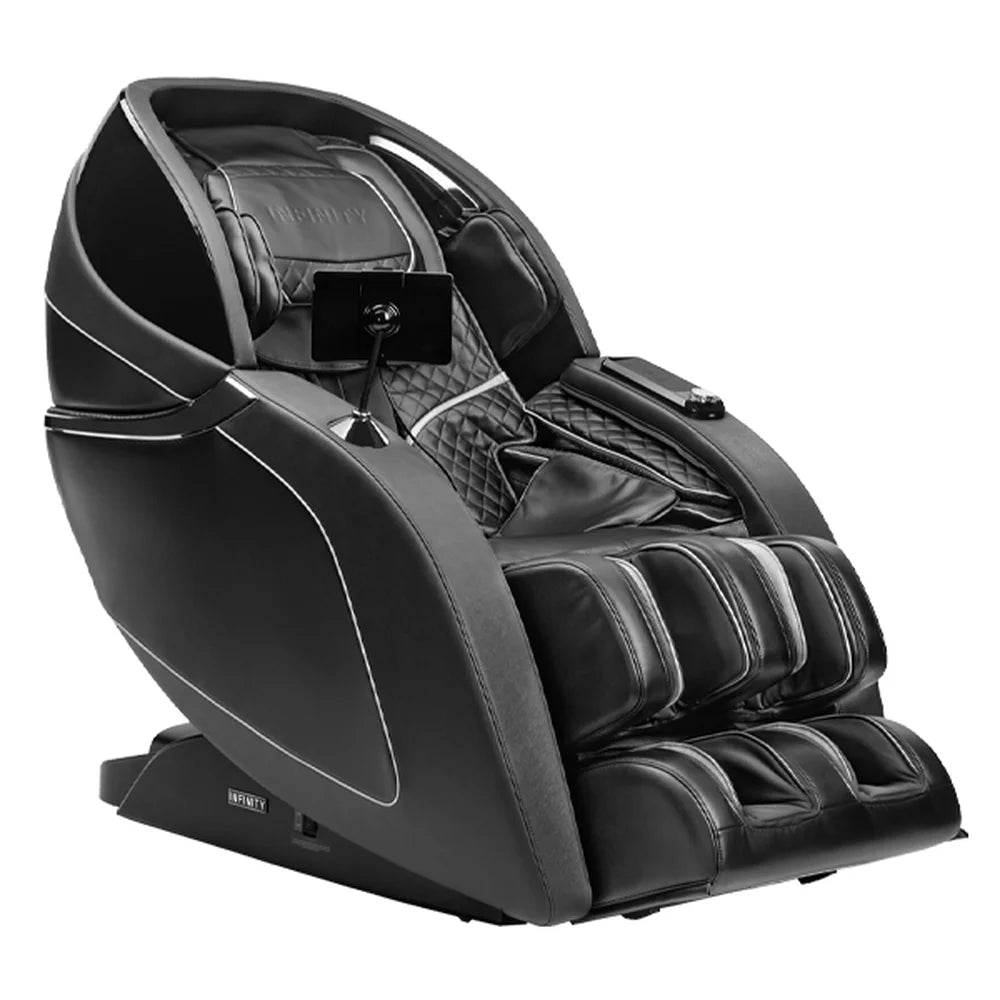 Angled view of the black Infinity Massage Chairs Palisade 4D Max with tablet arm, calf modules and diamond stitching