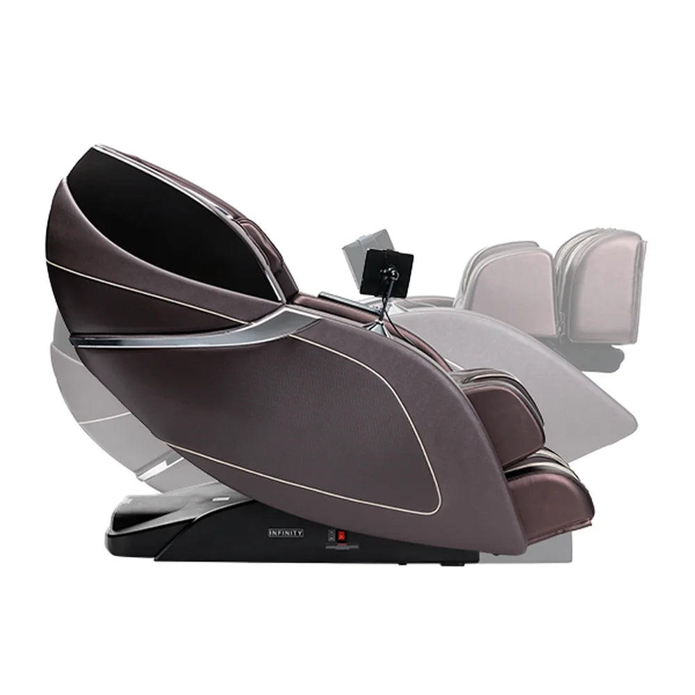 Reclined Infinity Palisade 4D Max Massage Chair shown over a ghosted upright outline for footprint comparison