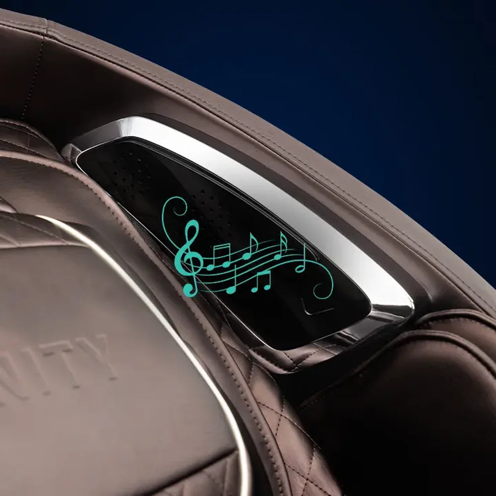Chrome headrest speaker of the Infinity Palisade 4D Max Massage Recliner with music notes showing Bluetooth audio