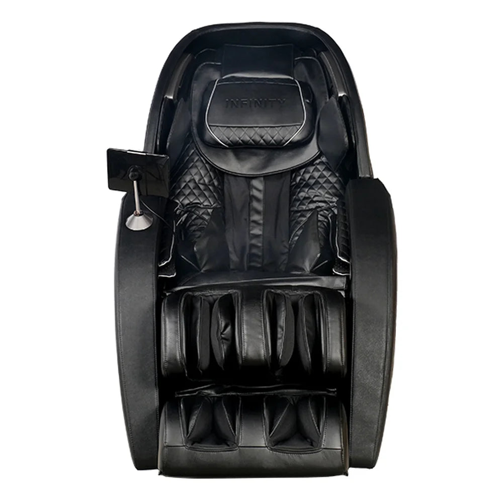 All-black Infinity Palisade 4D Max photographed head-on, showing glossy shell, quilted seat back and leg wells