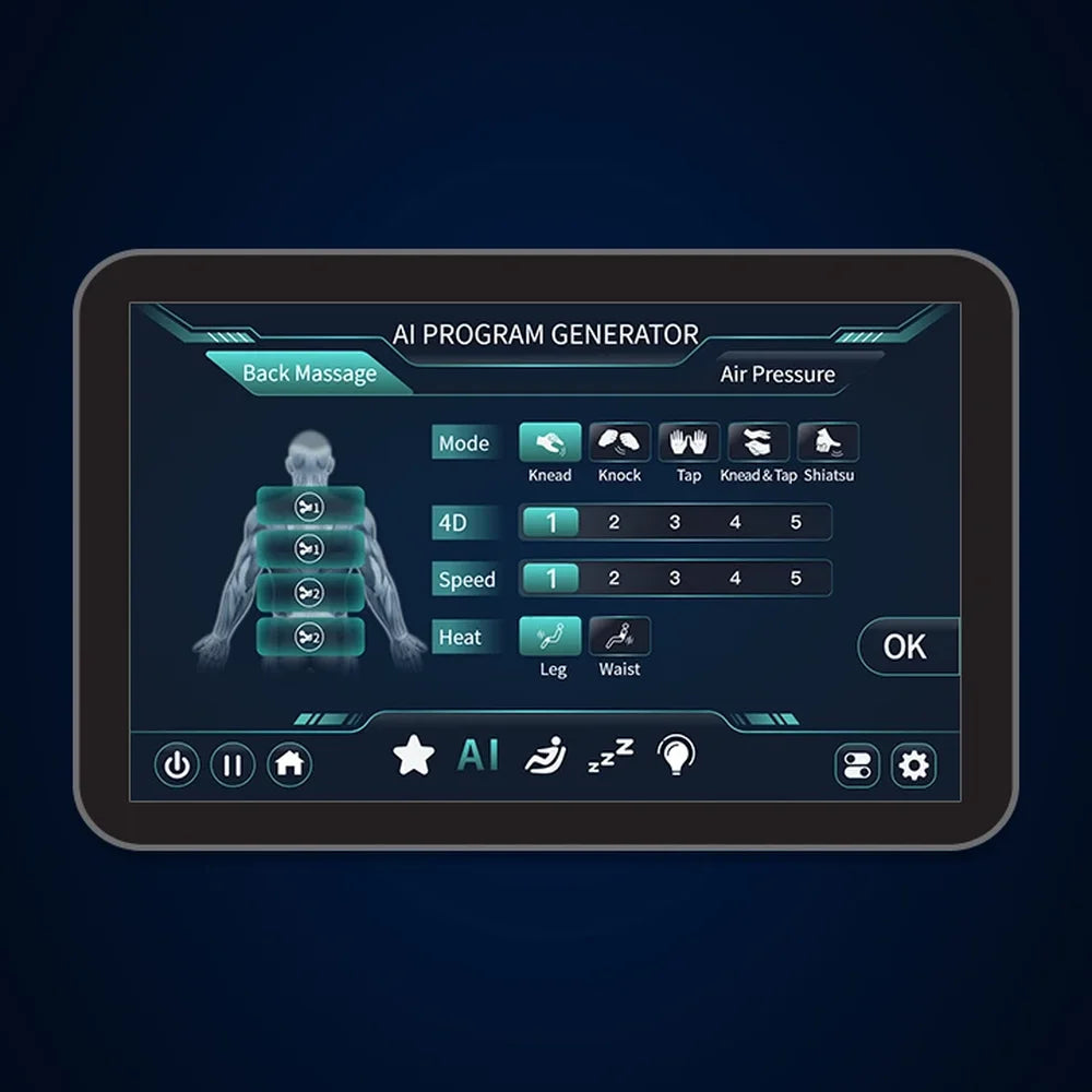 AI program generator screen letting users set technique, 4D intensity and speed per back zone on the Infinity Sensation 4D DualFlex Zero Gravity Chair