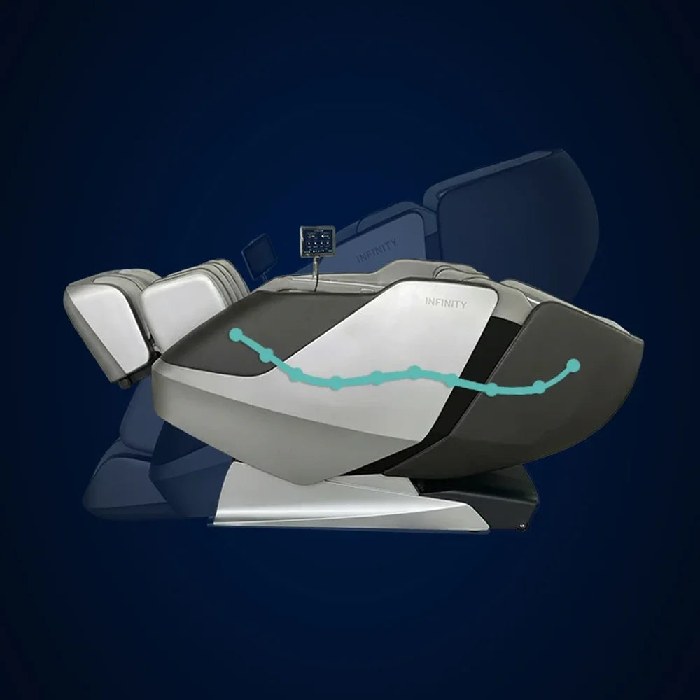 Teal track line tracing the neck-to-glutes flexing L-track along the reclined Infinity Sensation 4D DualFlex Recliner