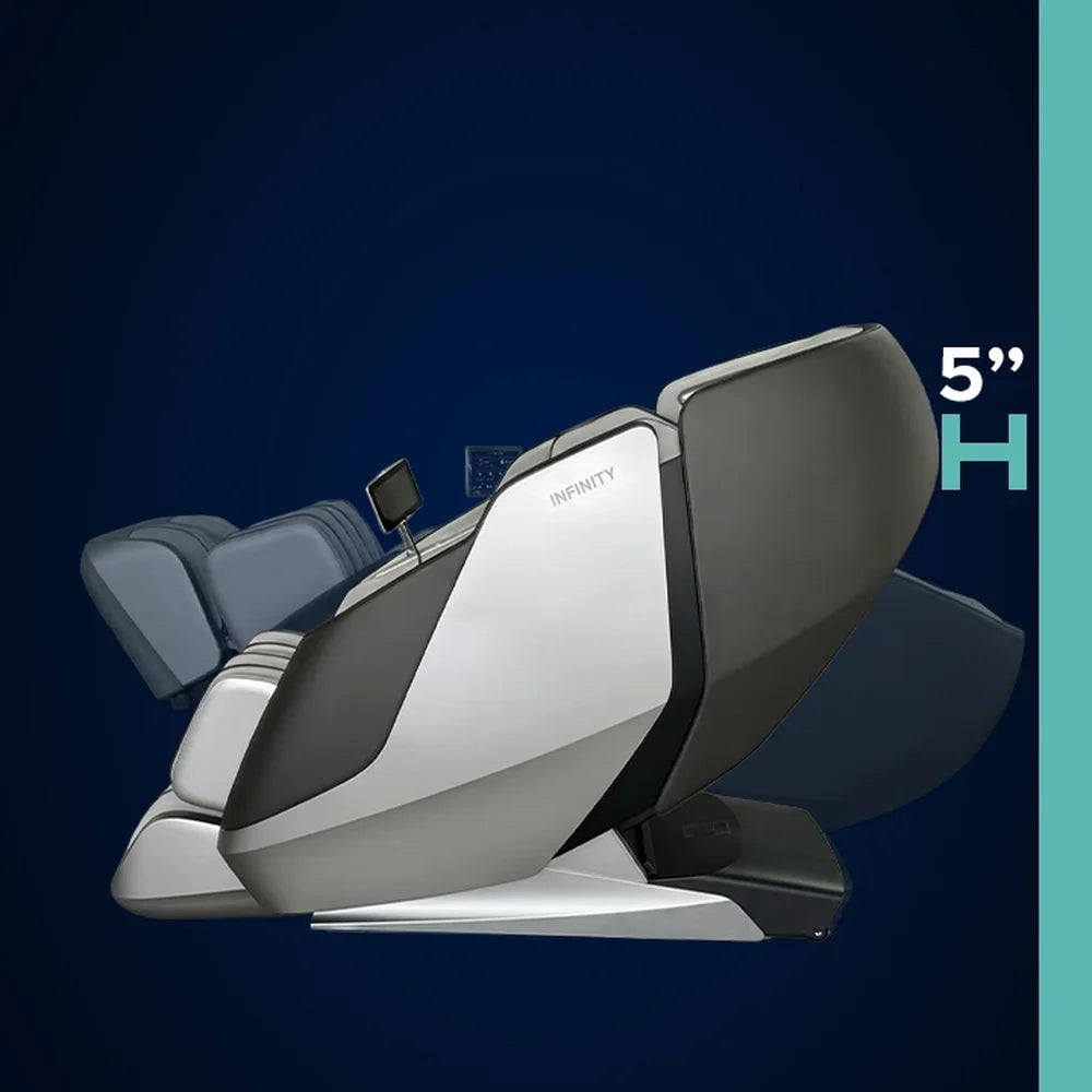 Five-inch wall clearance measurement beside the reclining Infinity Sensation 4D DualFlex Recliner showing space-saving glide
