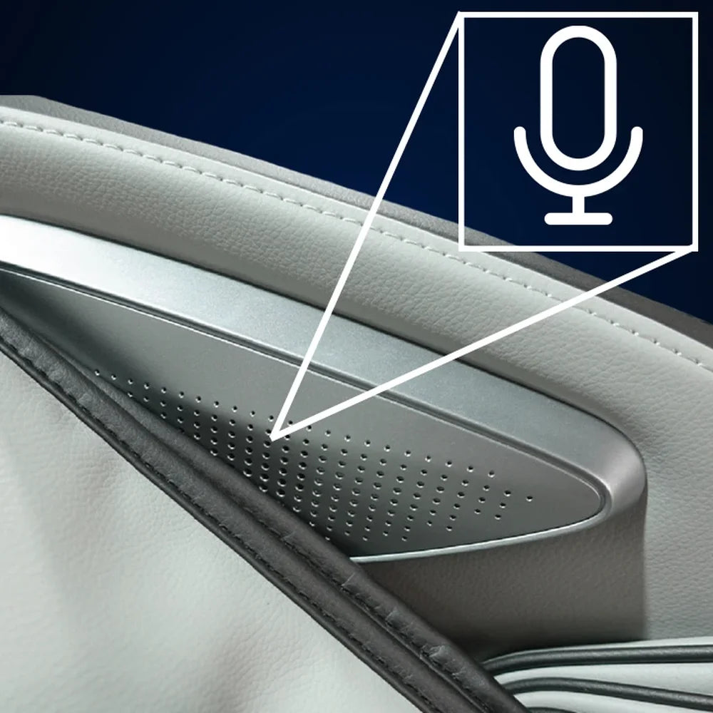 Microphone icon pointing to the perforated voice pickup strip on the Infinity Massage Chairs Sensation 4D DualFlex Massage Chair arm