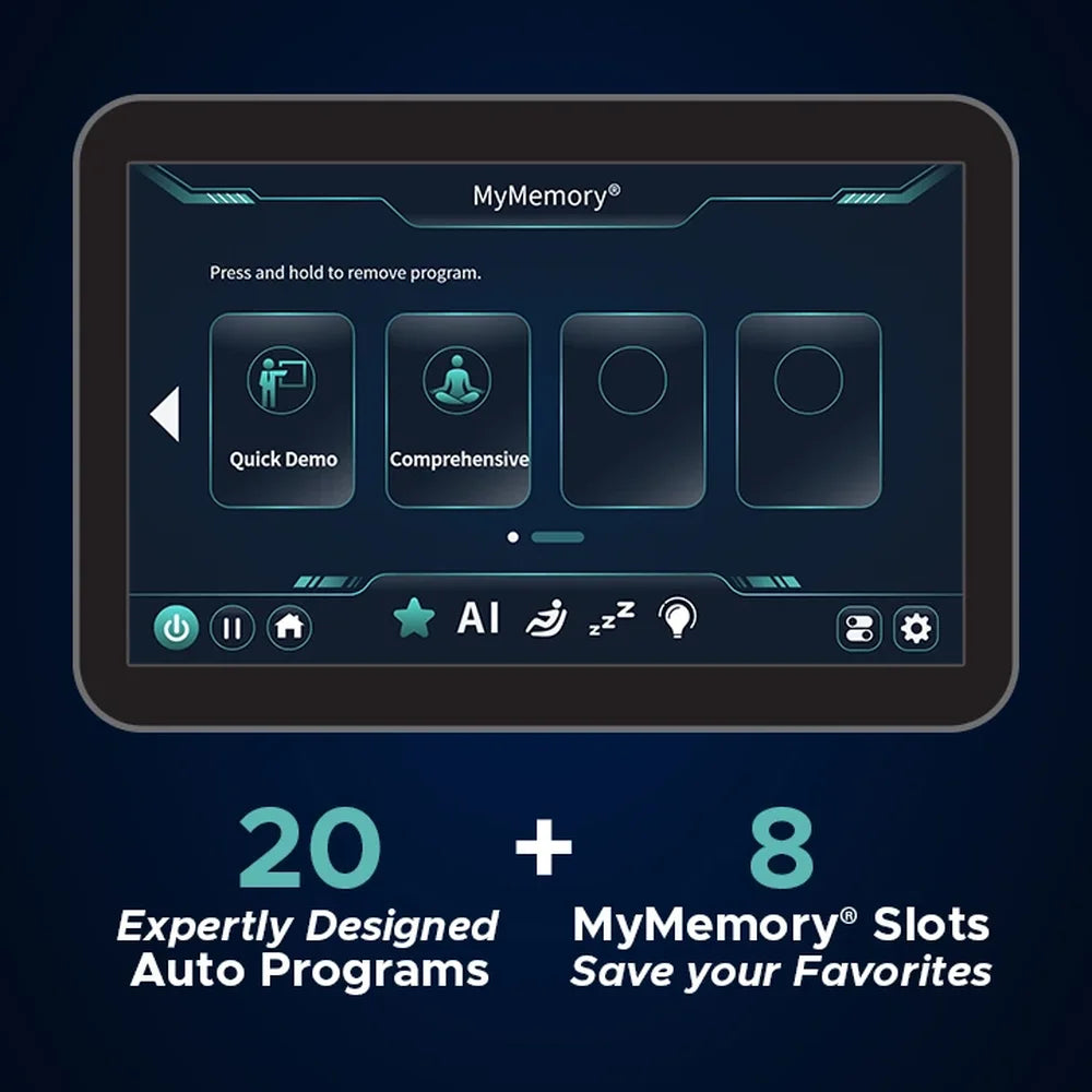 Tablet screen with saved program slots on the Infinity Sensation 4D DualFlex Massage Chair listing 20 auto programs and 8 MyMemory slots