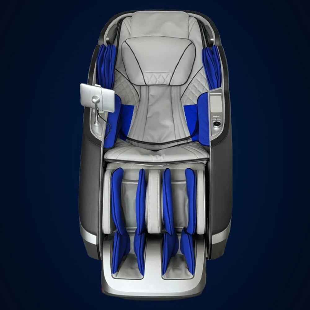 Blue-highlighted shoulder, arm, calf and foot airbags mapped on the Infinity Massage Chairs Sensation 4D DualFlex Massage Chair
