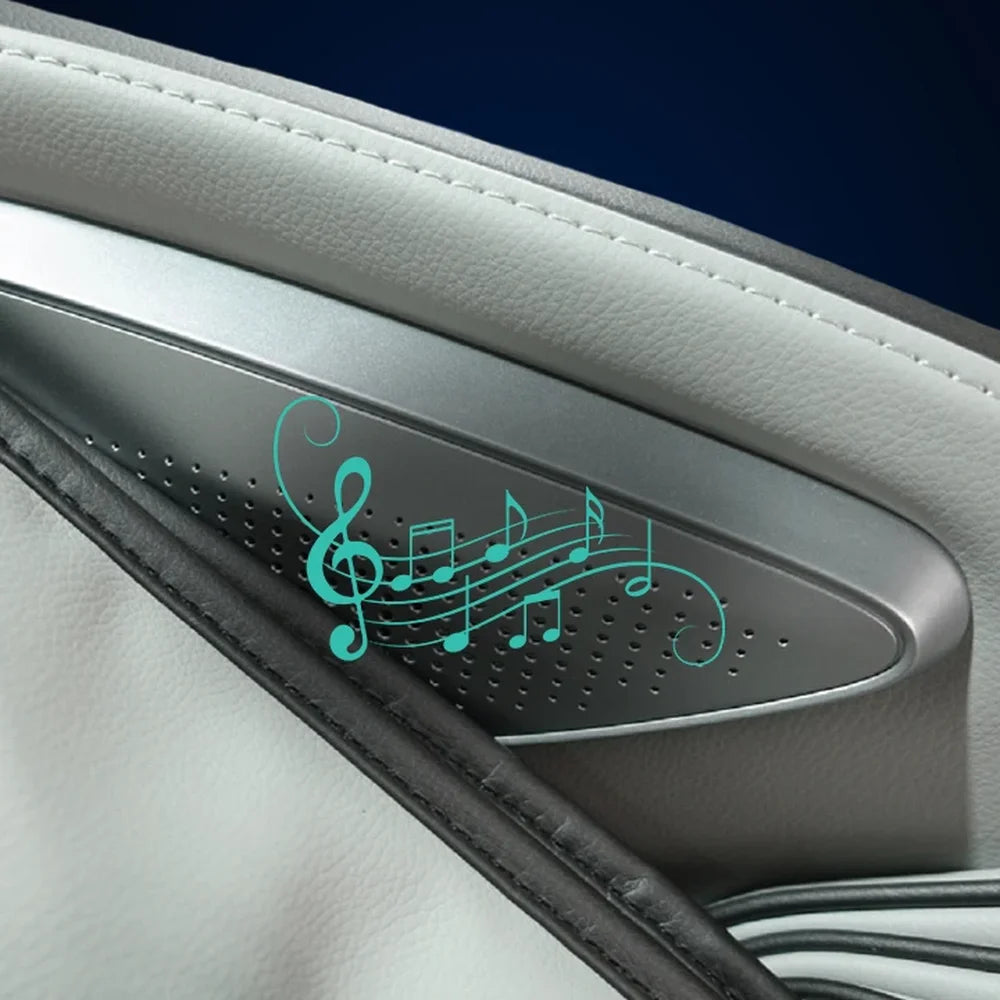 Perforated headrest speaker grille with music notes on the Infinity Sensation 4D DualFlex Massage Chair for Bluetooth audio