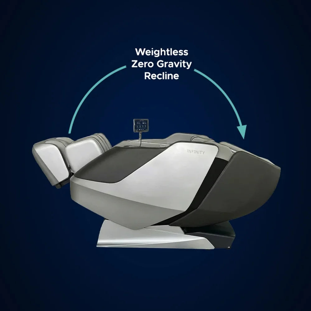 Curved arrow showing the weightless zero gravity recline motion of the Infinity Sensation 4D DualFlex Recliner from the side
