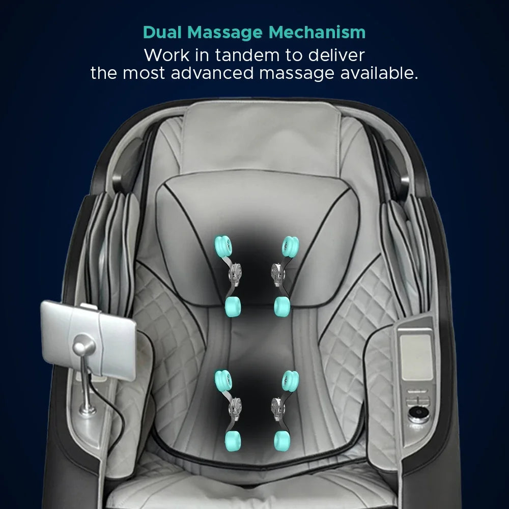 Two teal roller mechanisms shown in the upper and lower back of the Infinity Sensation 4D DualFlex Massage Chair seat