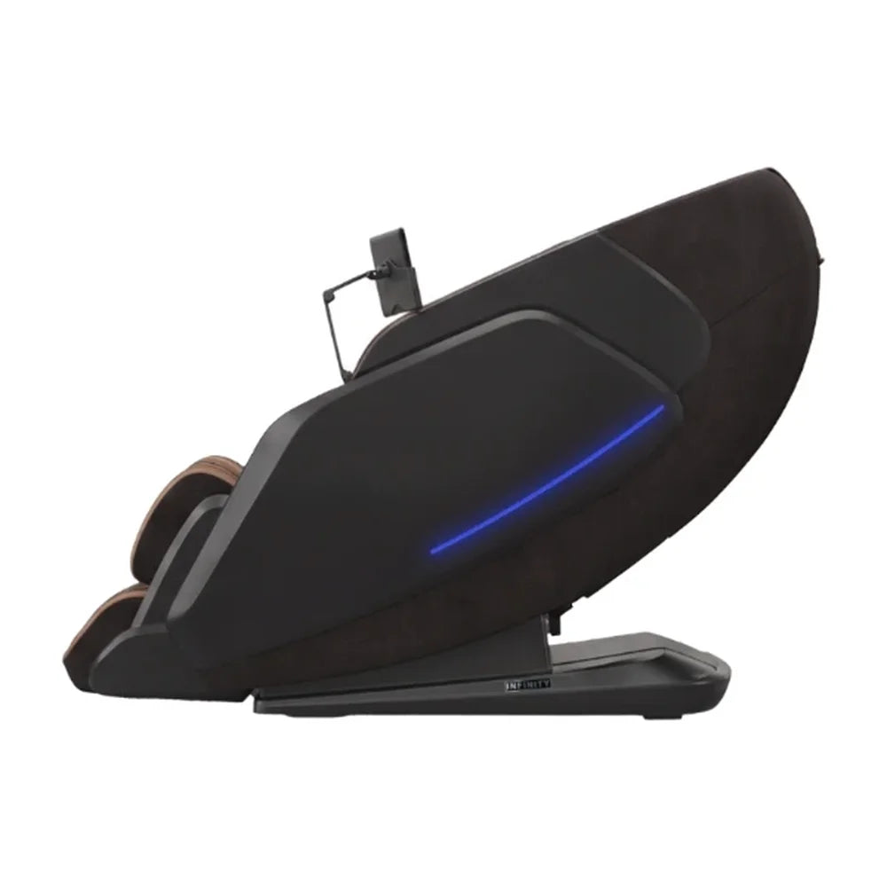 Side profile of the Infinity Serenza Flex 4D Chair in dark brown showing the curved shell and lit accent strip
