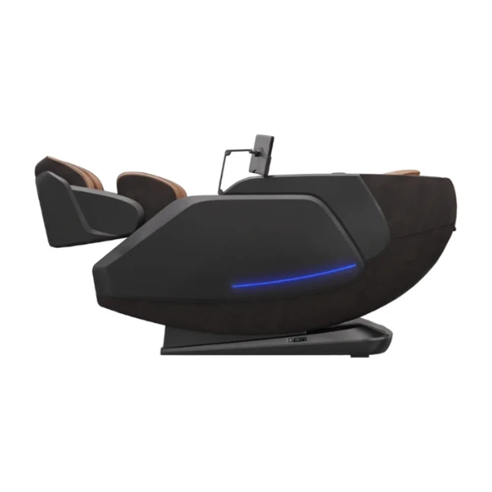 Infinity Serenza Flex 4D Chair reclined flat in deep zero gravity position with legs raised and tablet arm folded