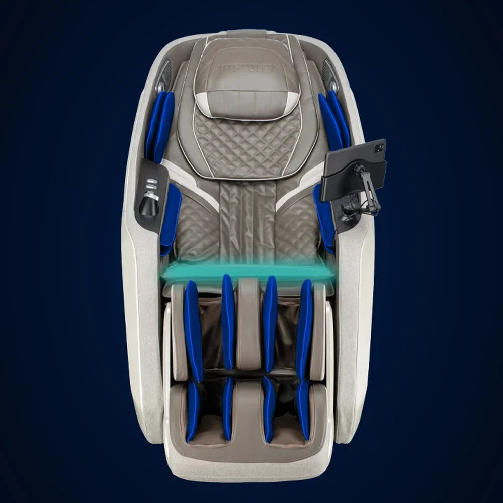 Blue highlighted airbags across shoulders, arms, waist and legs of the Infinity Massage Chairs Serenza Flex 4D