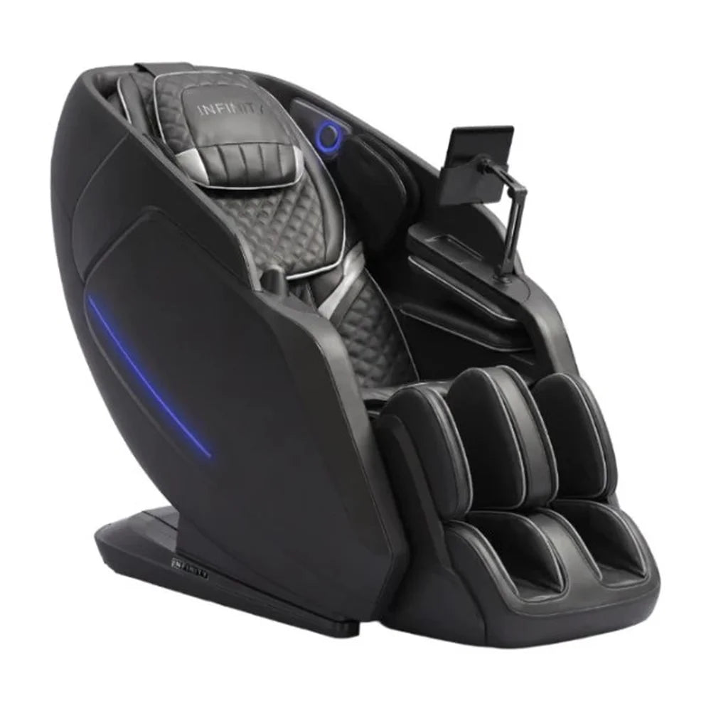 Black-on-black Infinity Serenza Flex 4D shown at a front-right angle with mounted tablet and blue LED accent strip
