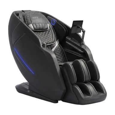 Black-on-black Infinity Serenza Flex 4D shown at a front-right angle with mounted tablet and blue LED accent strip