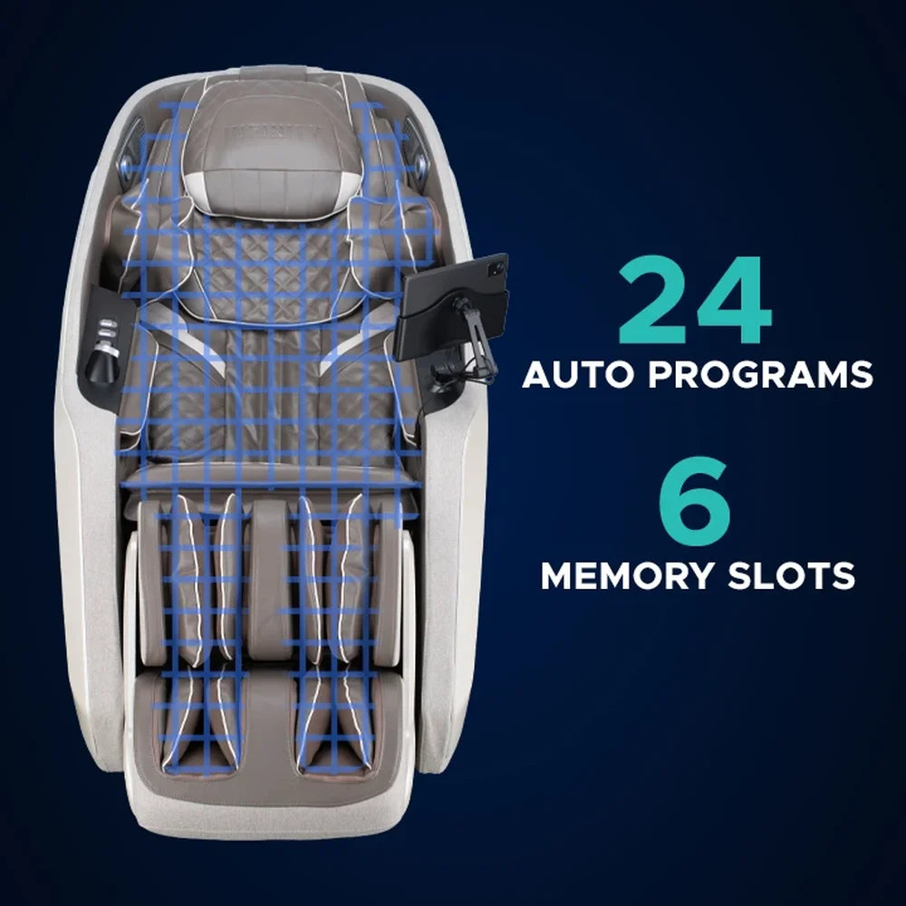 Blue scanning grid over the Infinity Serenza Flex 4D Massage Chair beside 24 auto programs and 6 memory slots text