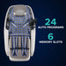 Blue scanning grid over the Infinity Serenza Flex 4D Massage Chair beside 24 auto programs and 6 memory slots text