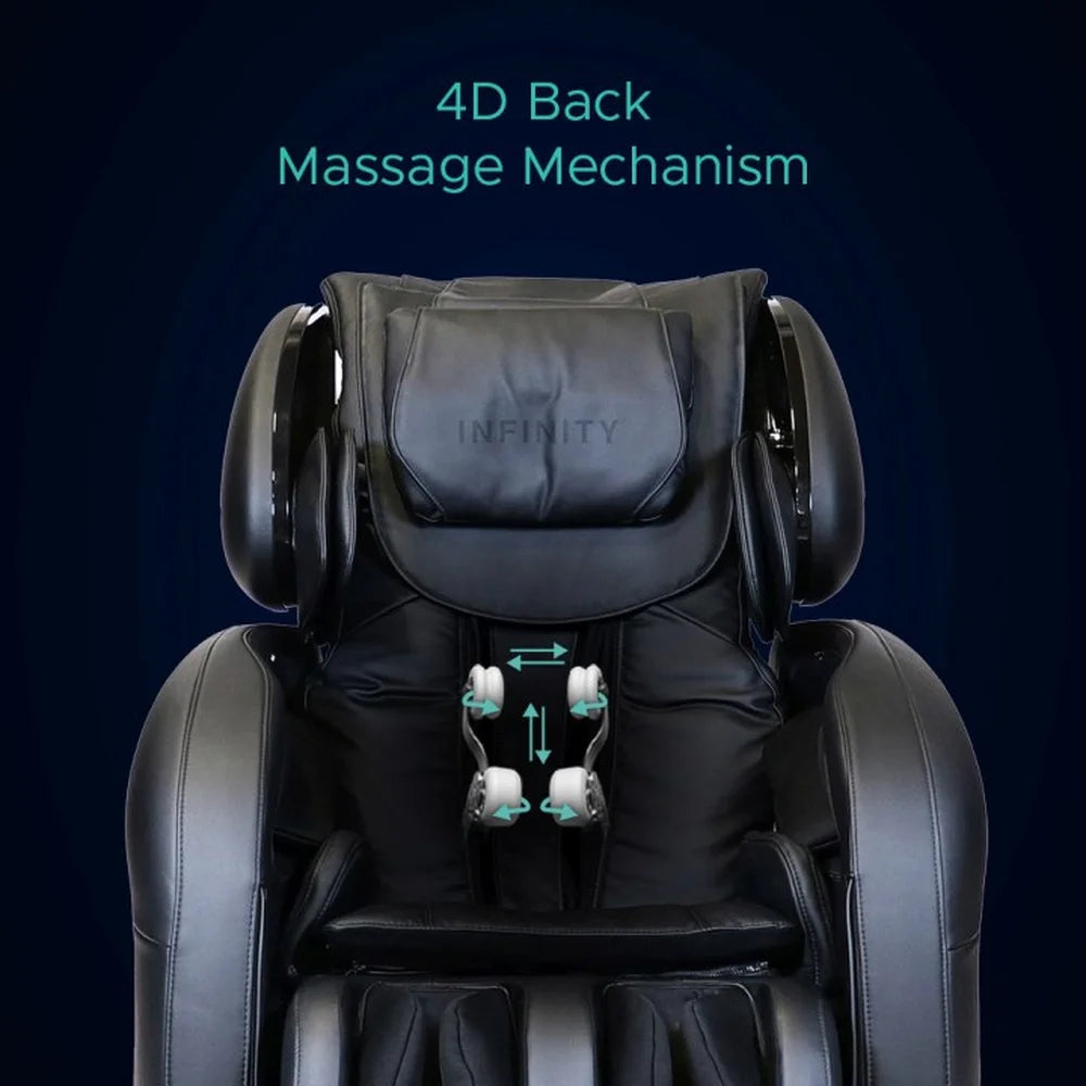 Four roller heads with directional arrows illustrating 4D movement inside the Infinity Smart Chair X3 backrest
