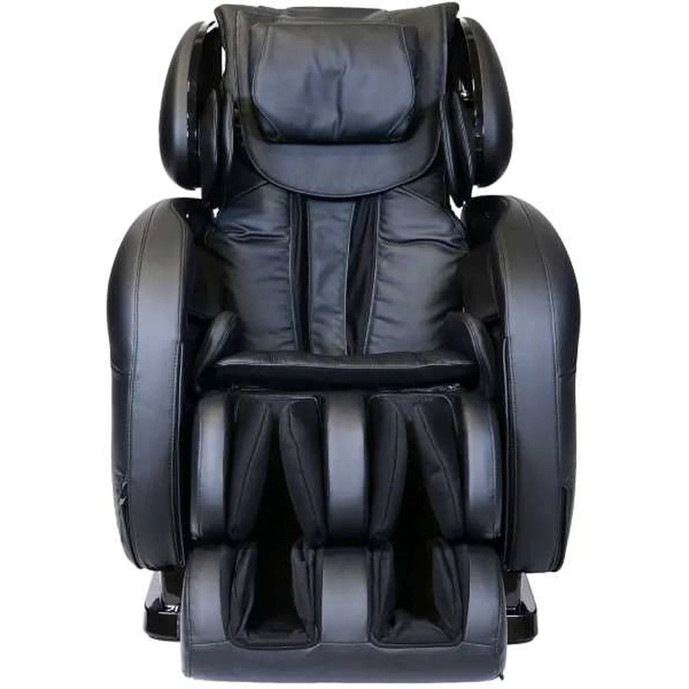 Front view of the black Infinity Smart Chair X3 showing shoulder pads, armrests and twin calf and foot wells