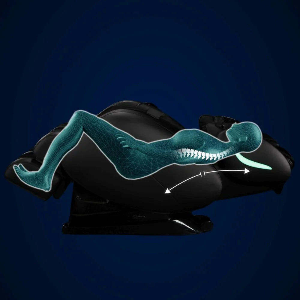 Teal wireframe body with highlighted spine stretched in the reclined Infinity Smart Chair X3 Zero Gravity Massage Chair