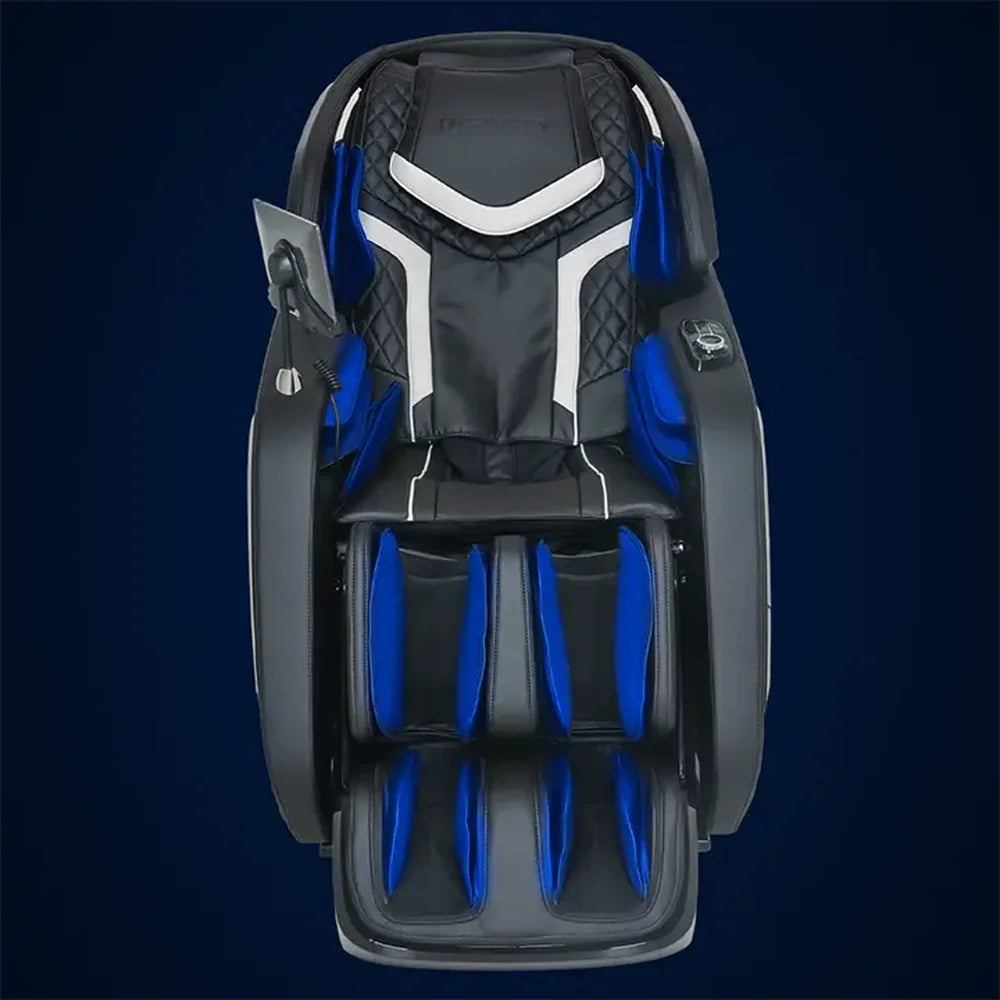 Blue-highlighted shoulder, arm and leg airbags on the Infinity Sovana 4D DualPro Massage Chair front view
