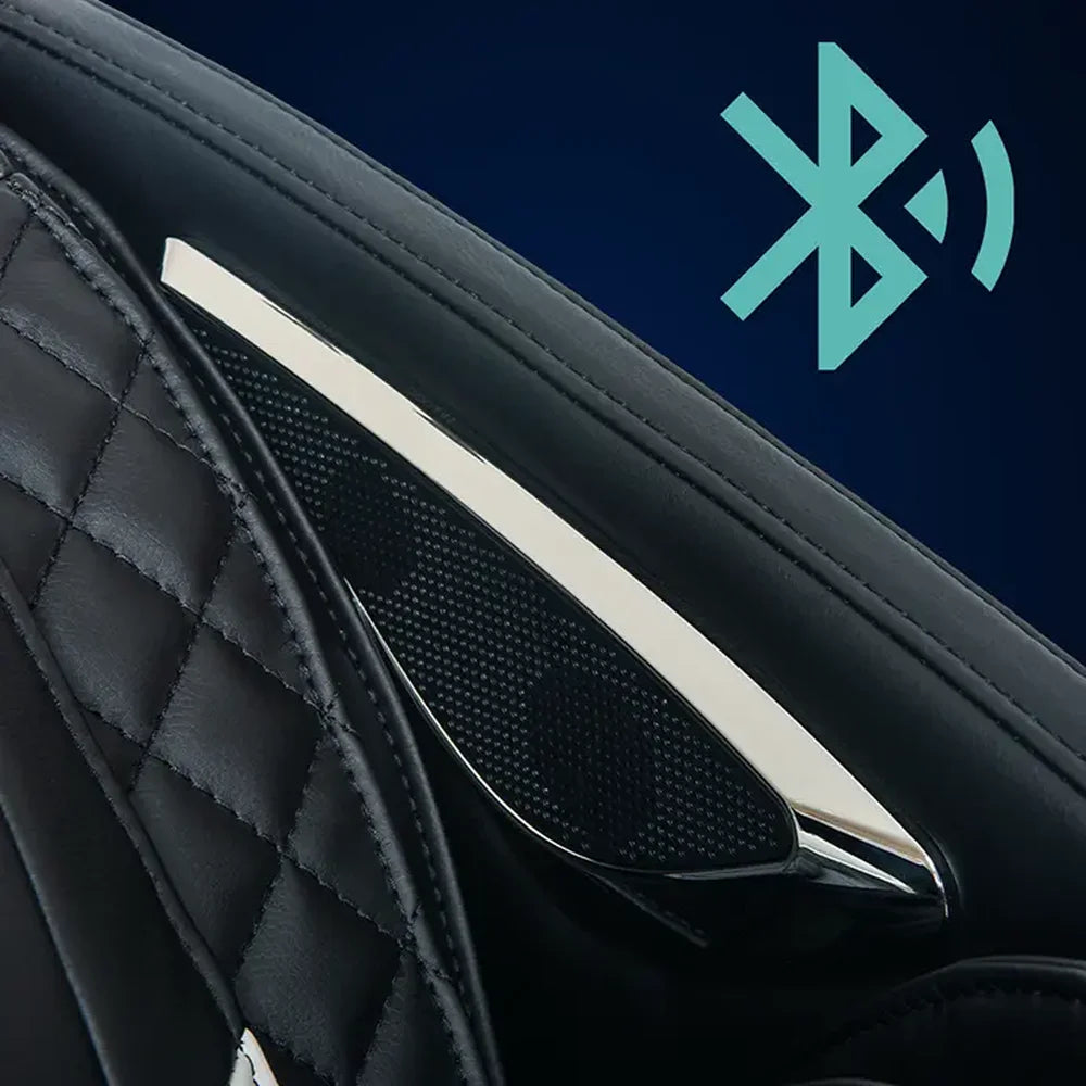 Perforated speaker grille beside quilted headrest stitching on the Infinity Sovana 4D DualPro Massage Chair