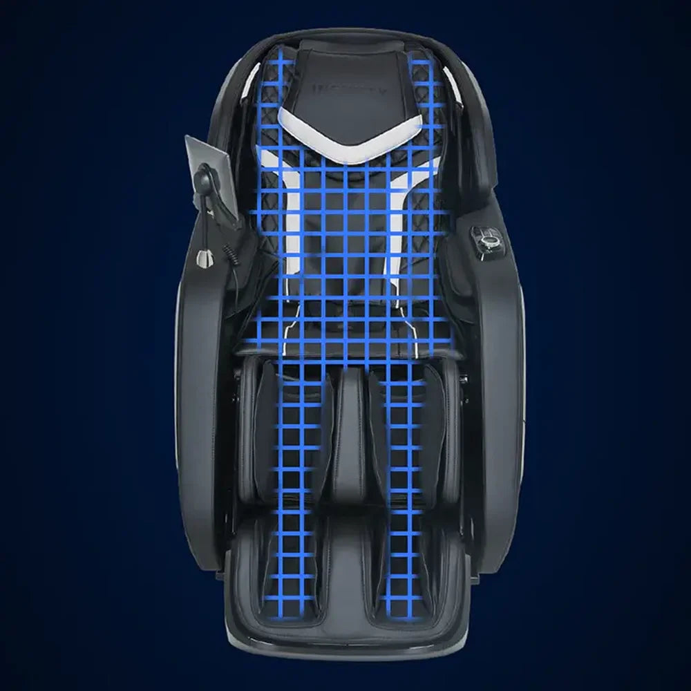 Blue scanning grid mapped over the backrest and seat of the Infinity Massage Chairs Sovana 4D DualPro