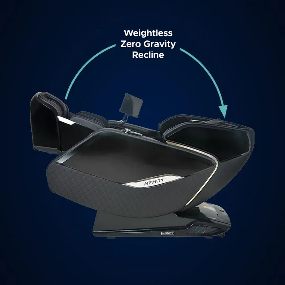 Curved arrow tracing the weightless recline motion of the reclined Infinity Sovana 4D DualPro