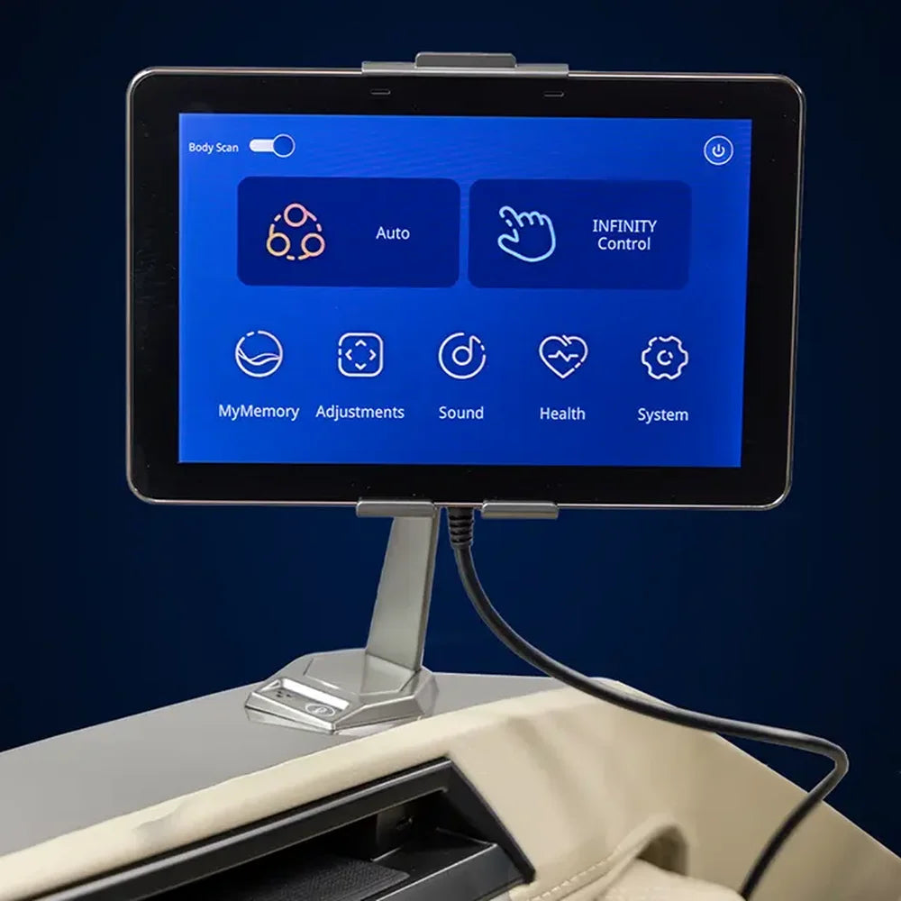 Lit 8-inch tablet controller of the Infinity Ultra Imperial Massage Chair showing Auto, Sound and Health menus