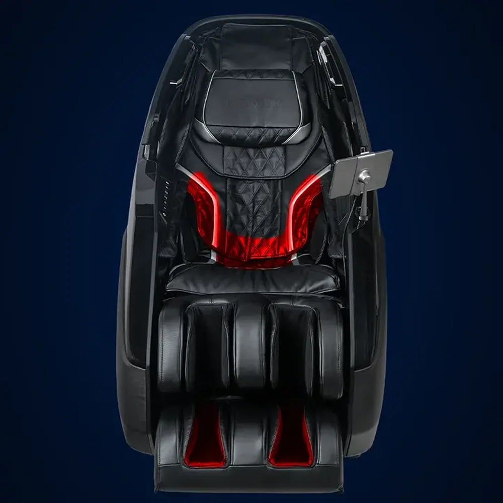 Red heat zones in the lower back and footrest of the Syner-D Ultra Imperial shown from the front on navy