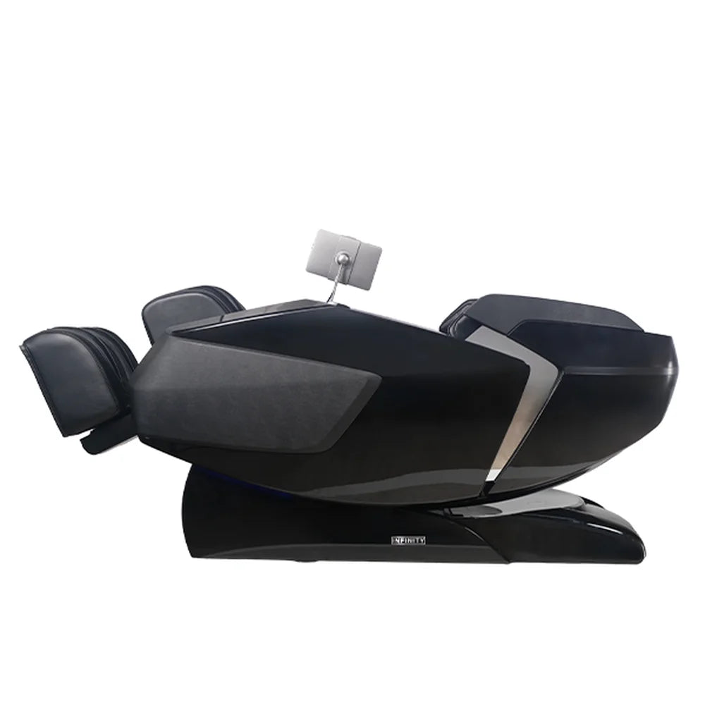 Infinity Ultra Imperial Syner-D Massage Chair reclined flat in zero gravity position, side studio view in black