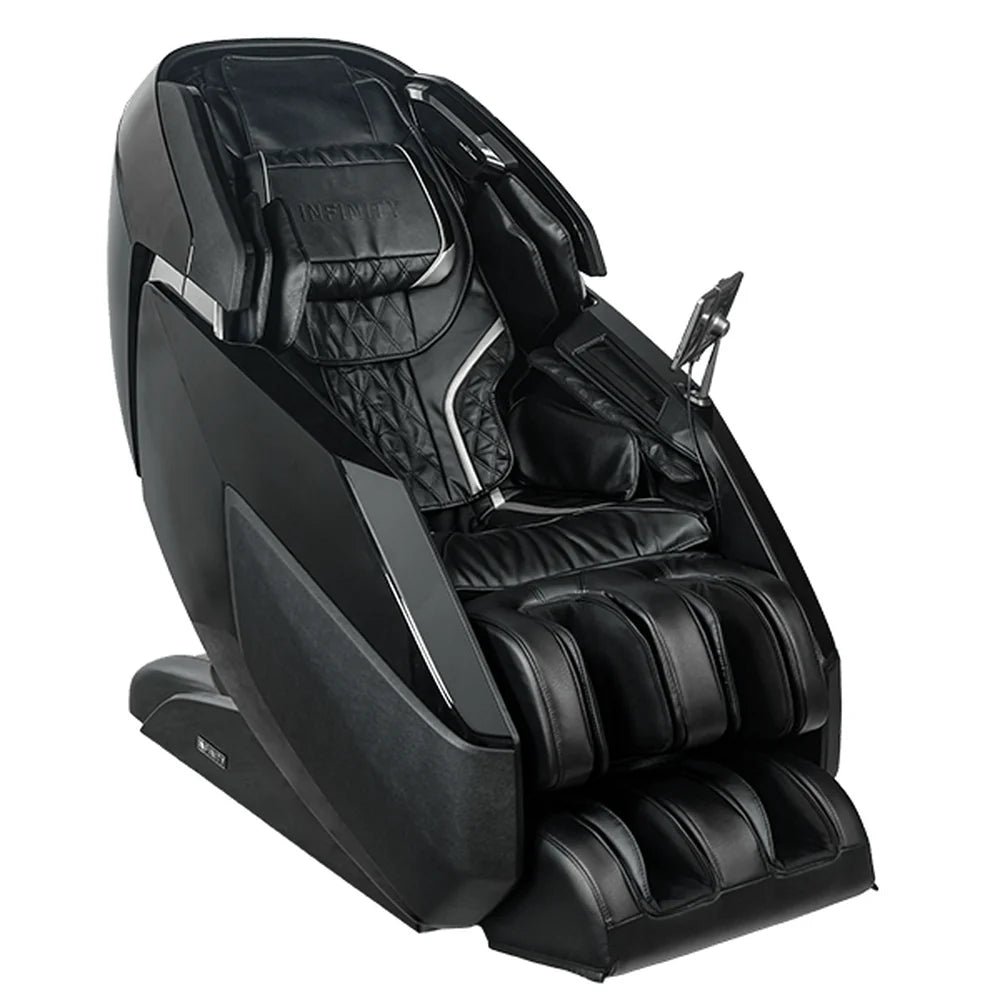 Angled right studio view of the black Infinity Ultra Imperial upright with quilted backrest and armrest tablet