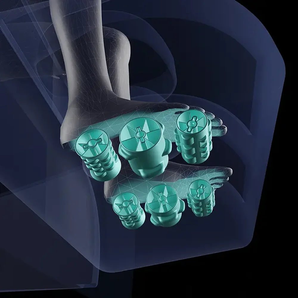 Cutaway diagram of triple sole reflexology rollers under both feet in the Infinity Ultra Imperial Chair footrest
